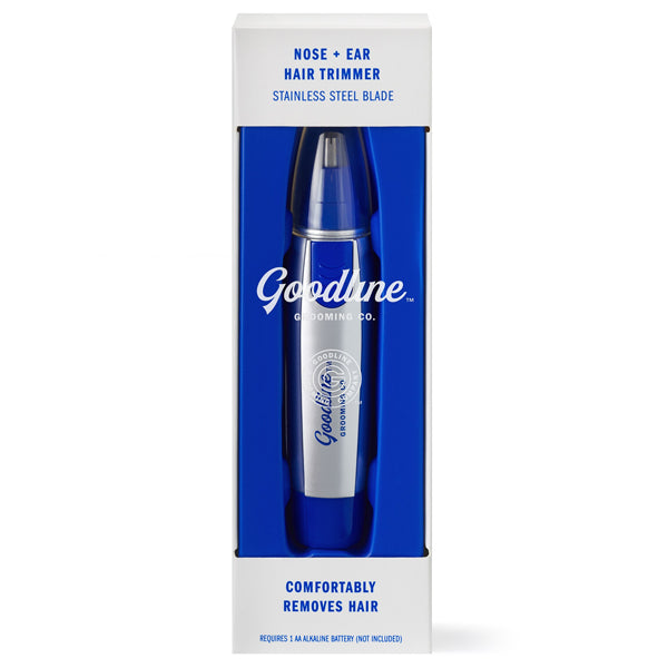 The Goodline Grooming Co. Stainless Steel Blade Nose & Ear Hair Trimmer comes in a blue and white box and requires one AA battery (not included).